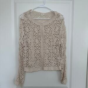 Cream Crochet Crewneck Cardigan Sweater Floral Lace Pattern Pearl Buttons Size M